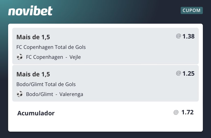 TIPS_BR's tweet image. 🇩🇰🇳🇴Duplalinha Gabarito - 13h
🇩🇰FC Copenhagen +1,5 Gols 1.37
🇳🇴Bodo/Glimt +1,5 Gols 1.23
🎯 Odd. 1.72 | 1,25u
➡️ Novibet: bdeal.io/novibet/77604/1