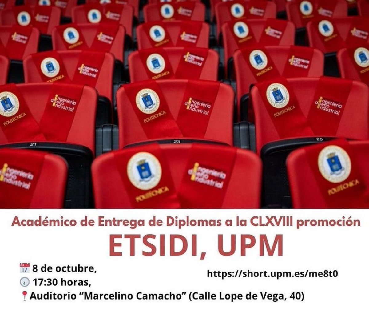 ETSIDI_UPM's tweet image. Entrega de Diplomas a la CLXVIII promoción:
📅 8 de octubre
🕢 17:30 horas
📍Auditorio “Marcelino Camacho”
‼️ Si formas parte de la promoción 2023_2024 Grado y Máster en la #ETSIDI, en septiembre recibirás un correo electrónico con laℹ️ para la ✍️
short.upm.es/me8t0