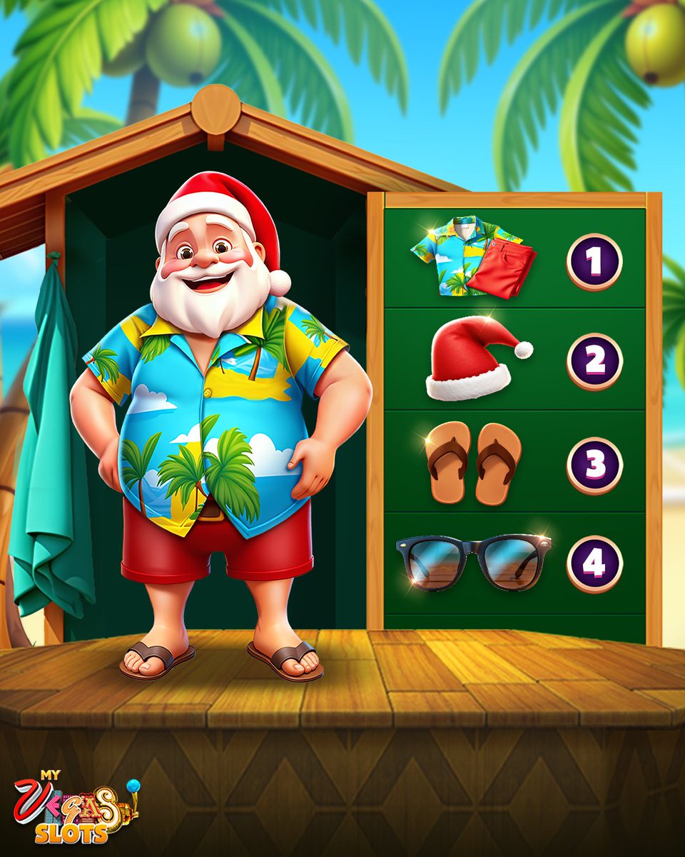 myvegas.play-freebies.com/4kQ6IVz
Swag up Santa, and we'll swag you with FREE CHIPS 😎
Say hello to Santa's Summer Swag—NEW in myVEGAS 🎅
Play any game, complete challenges, and dress him up
Finish every milestone &amp; win BIG when Santa's fully styled ☀️
One of these items isn't on Santa—can