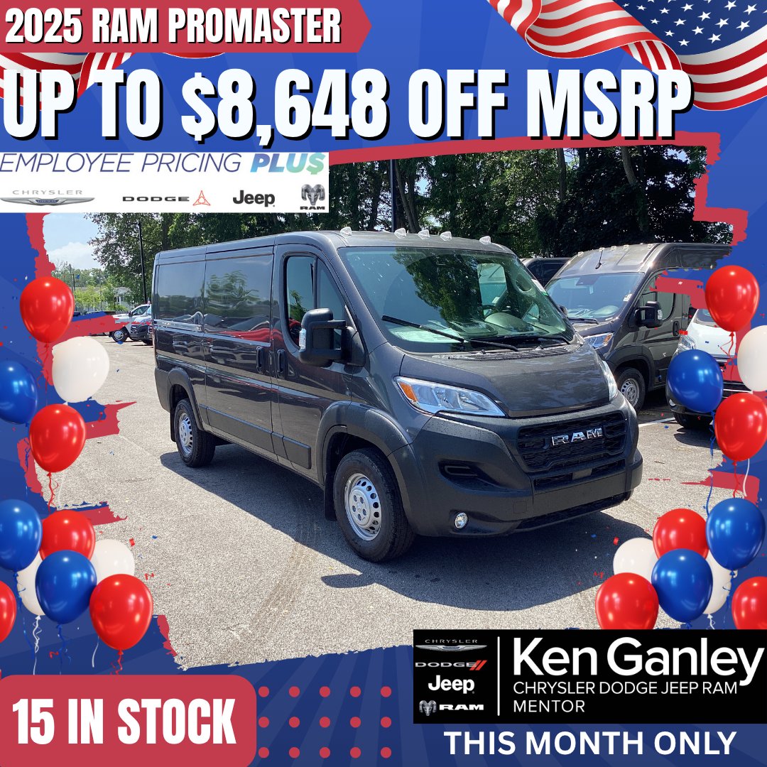 Get ready for July specials you won't want to miss! This month only, we're offering incredible savings on the Ram ProMaster—up to $8,648 off MSRP with employee pricing.⁠

l8r.it/uojr
⁠
#KenGanleyCDJRmentor #newcars #usedcars #jeep #chrysler #dodge #ram #mentor #ohio