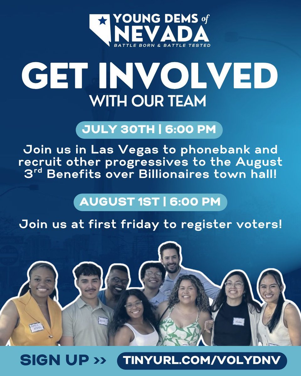 Get involved, take action, and join our team!

YDNV has two opportunities for you to get involved in Las Vegas: On July 30th @ 6:00 PM join us to recruit progressives for the Benefits Over Billionaires town hall!

On August 1st @ 6:00 PM, join us to register voters at First