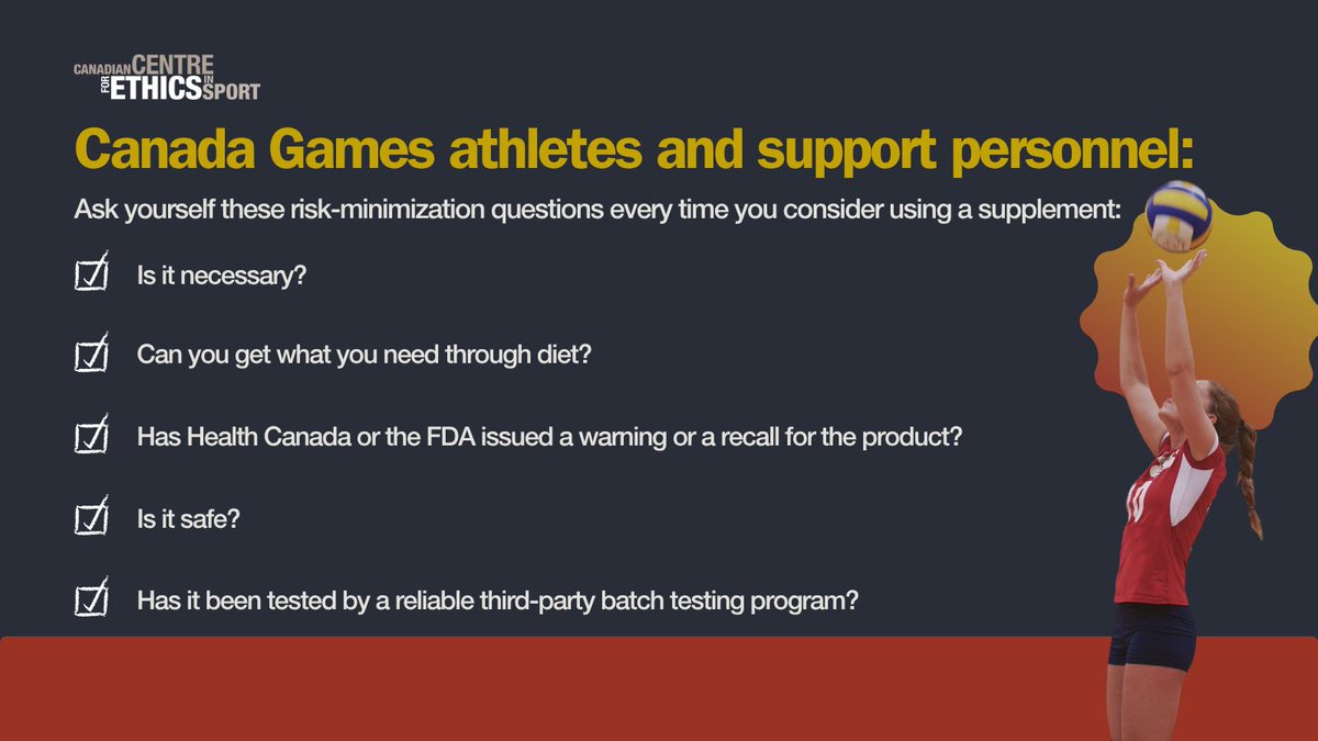 EthicsInSPORT's tweet image. Think twice before using any supplements, some may contain prohibited substances and can result in a positive doping control test.
Learn more: cces.ca/stjohns2025
#2025CanadaGames #2025CSG #ReadytoRock #GlobalDRO #CleanSport @CanadaGames @2025canadagames