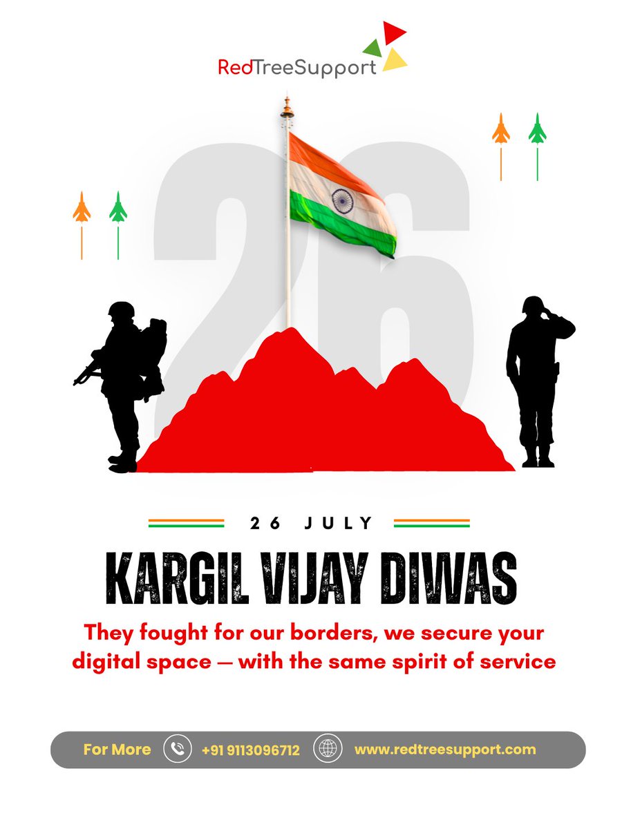 redtreesup2024's tweet image. Kargil Vijay Diwas – A day to salute the courage of our brave soldiers
🌐 Join us now—visit our website! lnkd.in/gRiEgiWZ 🙏 Jai Hind.
#KargilVijayDiwas #RedTreeSupport #WeSaluteOurHeroes #DigitalIndia #ITWithPride #SmartIT #SecureIndia #RemoteTeamSupport