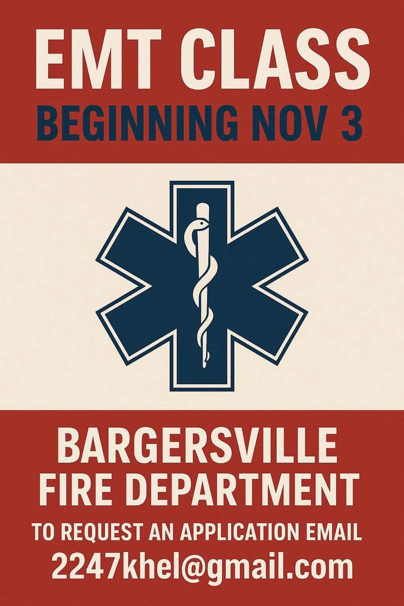 BCFD20's tweet image. 📍 Location: Bargersville Fire Department
📅 Start Date: November 3
📧 To request an application: 2247khel@gmail.com
✅ Gain life-saving skills
✅ Train with experienced instructors
✅ Open the door to a rewarding EMS or fire service career
Seats are limited — secure your spot!