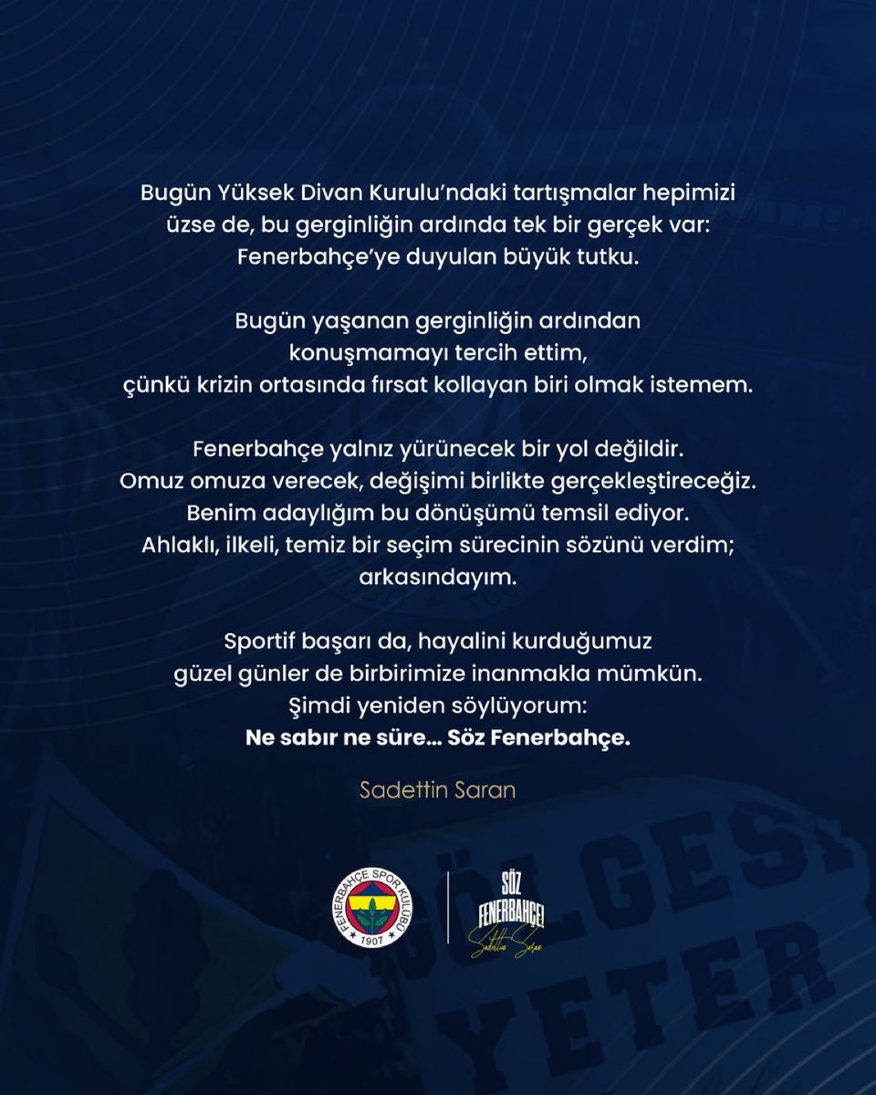 bbosports's tweet image. Fenerbahçe Spor Kulübü Başkan Adayı Sadettin Saran'ın Açıklaması: