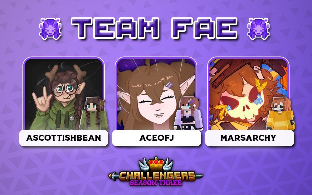 Challengers_SMP's tweet image. We charm, you obey! Welcome in, Team Fae! 🧚‍♀️

🔴 With @ascottishbean, @AceOfJJ &amp;amp; @marsarchy!

Catch them starting this August 1st for a whole month on Challengers Season 3! 👑