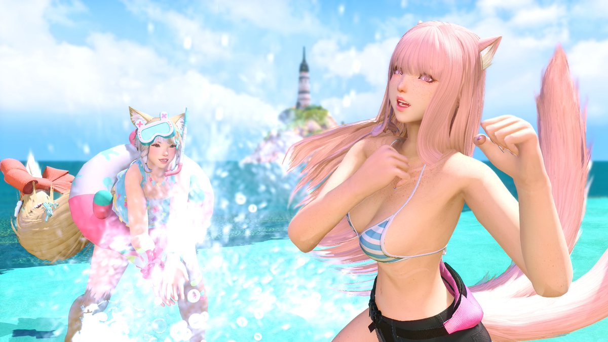 SandFaux's tweet image. Fun in the sun with my favorite pink one! @kurosawaXIV 

#GPOSERS | #miqote | #ReShade | #ElementalDC