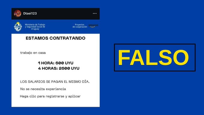 MTSSuy's tweet image. Circula en redes sociales un mensaje falso con el logo del MTSS que ofrece supuestos empleos, y solicita información personal. Esta práctica conocida como phishing es utilizada por ciberdelincuentes para recabar datos personales. No ingrese al enlace ni comparta contraseñas.