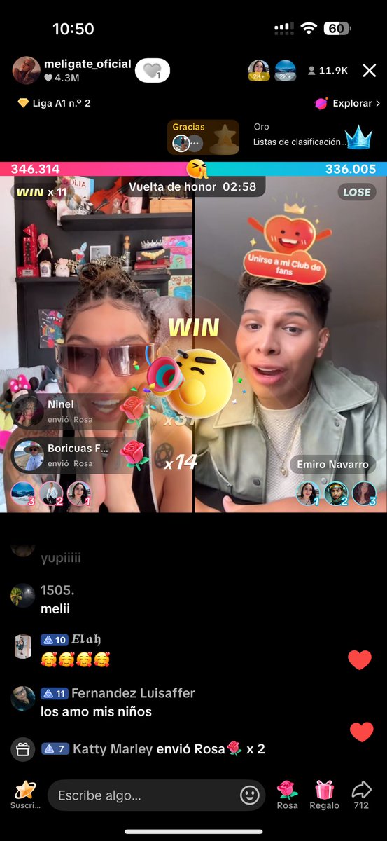 Melissa Gate le ganó DOS batallas a Emiro.

Al “Rey de TikTok”. 🤴 
Al mismo que venció a J Balvin y Ryan Castro. 🎵 

Pero lo más fuerte no es eso…
Es que ella no lo celebra.

Porque para Meli, Emiro no es rival.
Es su mejor amigo. “Yo lo veo como mi hijo”

La Reina ganó. 👑