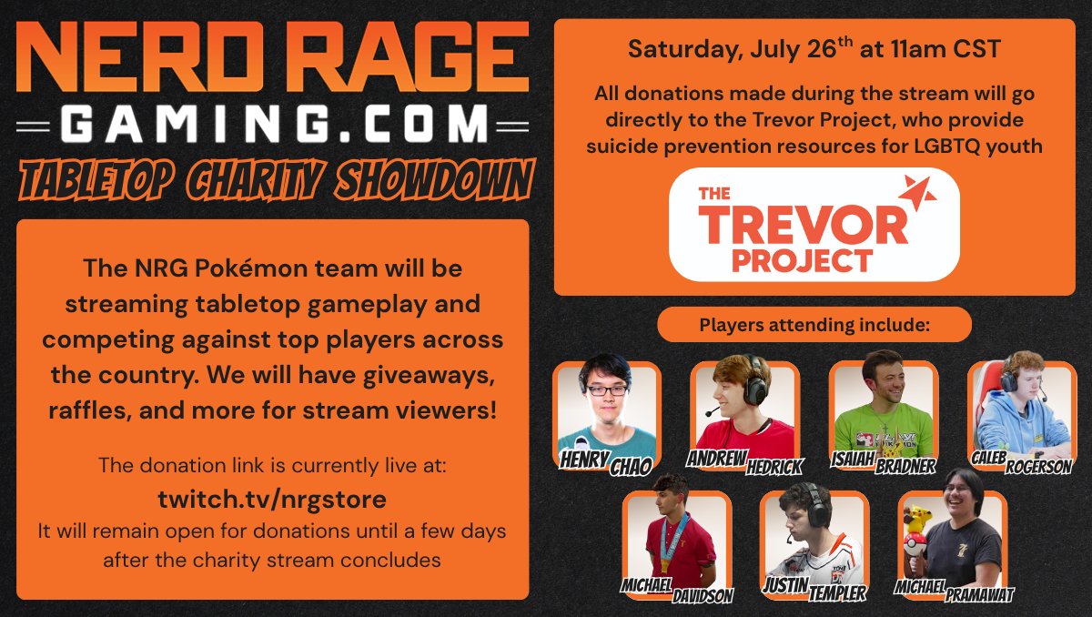 Our charity stream is going live!!! Join us and support the Trevor Project as we play the Pokémon TCG and raffle away amazing prodicts all day!

Twitch.tv/nrgstore
Youtube.com/@nerdragegaming