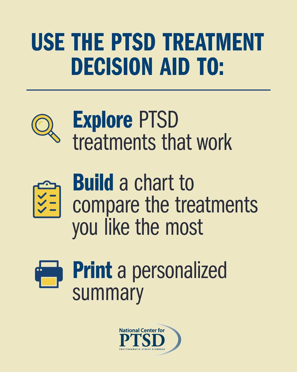 VA_PTSD_Info's tweet image. The PTSD Treatment Decision Aid gives you the knowledge and tools you need to find the right treatment for you. Explore the online tool to compare PTSD treatments and take action to start treatment:
ptsd.va.gov/apps/decisiona…
#PTSD #PTSDsymptoms #PTSDtreatment #PTSDawareness