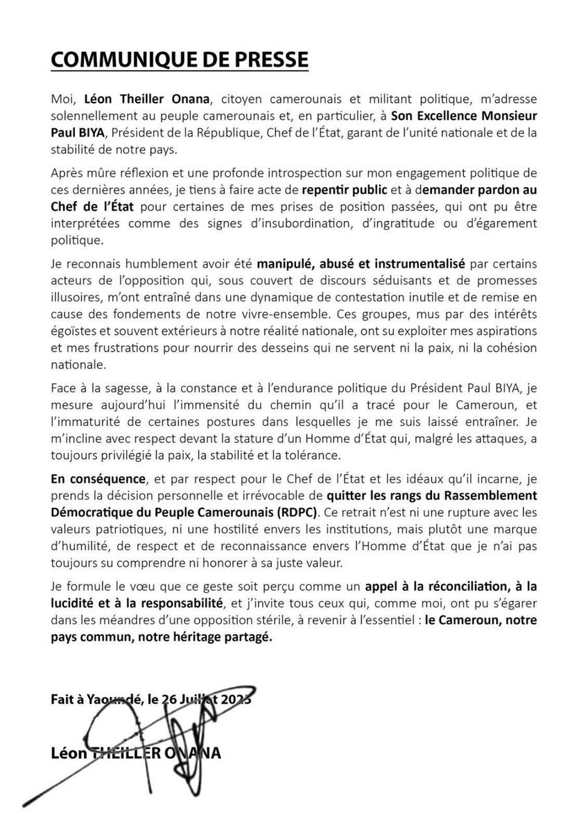 Léon Theiller Onana demande "pardon" à Paul Biya et quitte le RDPC.
