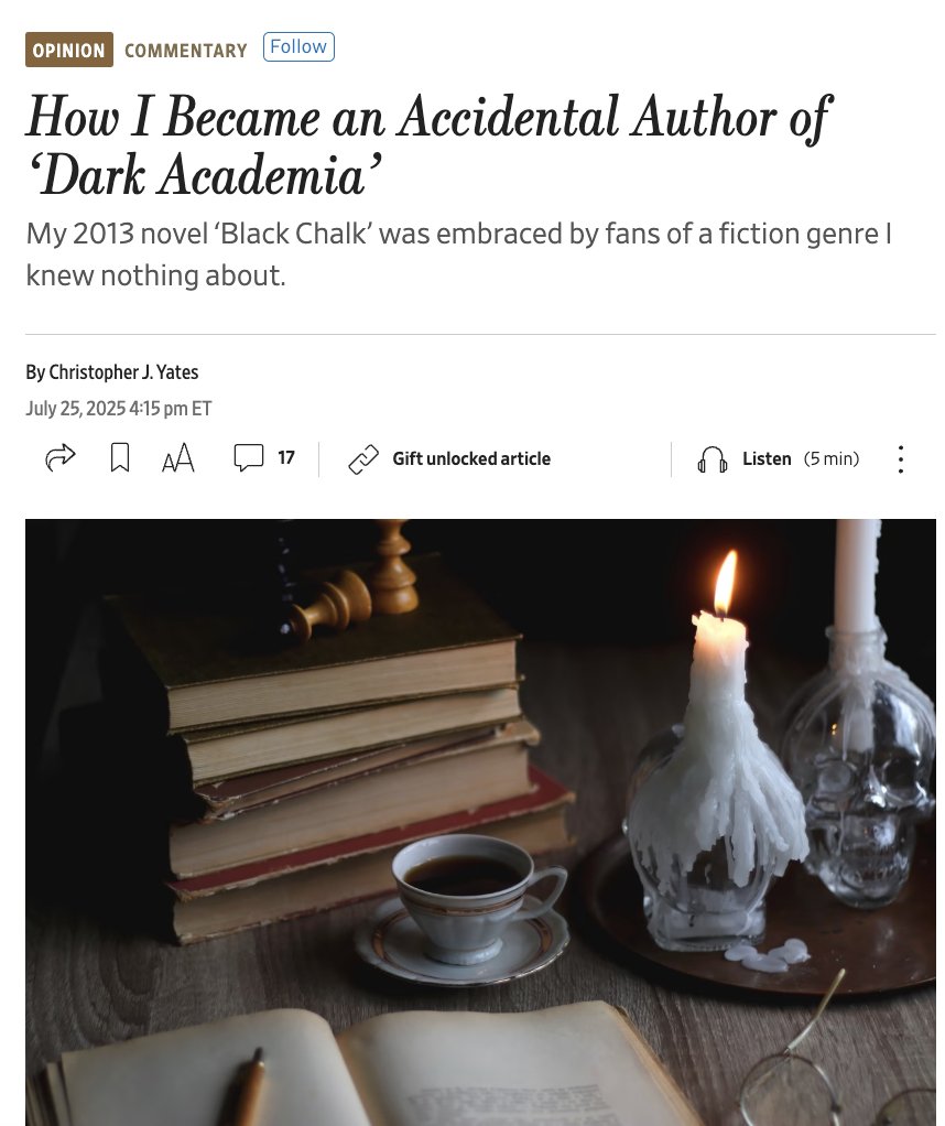 Christopher J Yates (@cj_yates) on Twitter photo Article in today's <a href="/WSJ/">The Wall Street Journal</a> about my blind stumble into a genre that hadn't been hashtagged when I wrote my debut novel. Thanks <a href="/WSJopinion/">Wall Street Journal Opinion</a> for letting me appear in print beneath the incomparable <a href="/Peggynoonannyc/">Peggy Noonan</a>
bit.ly/40EQwzv Article in today's <a href="/WSJ/">The Wall Street Journal</a> about my blind stumble into a genre that hadn't been hashtagged when I wrote my debut novel. Thanks <a href="/WSJopinion/">Wall Street Journal Opinion</a> for letting me appear in print beneath the incomparable <a href="/Peggynoonannyc/">Peggy Noonan</a>
bit.ly/40EQwzv