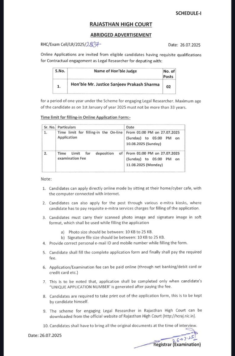 *💁🏻राजस्थान हाईकोर्ट चतुर्थ श्रेणी (IV Class) कर्मचारी भर्ती-2025 (शैक्षणिक योग्यता-10वीं पास एवं कुल 5670 पद) के लिए ऑनलाइन आवेदन की अंतिम तिथि 10 अगस्त 2025 तक बढ़ाएं जाने से संबंधित महत्वपूर्ण अधिसूचना नीचे दिए गए लिंक पर देखें ✅*

*hcraj.nic.in/hcraj/