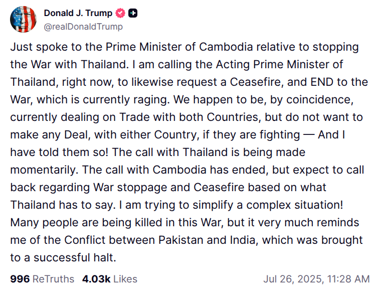 After golf this morning with Eric, his ambassador to London, and the ambassador's son at Turnberry, Trump is now calling world leaders ... Thailand and Cambodia urging them to cool their border dispute