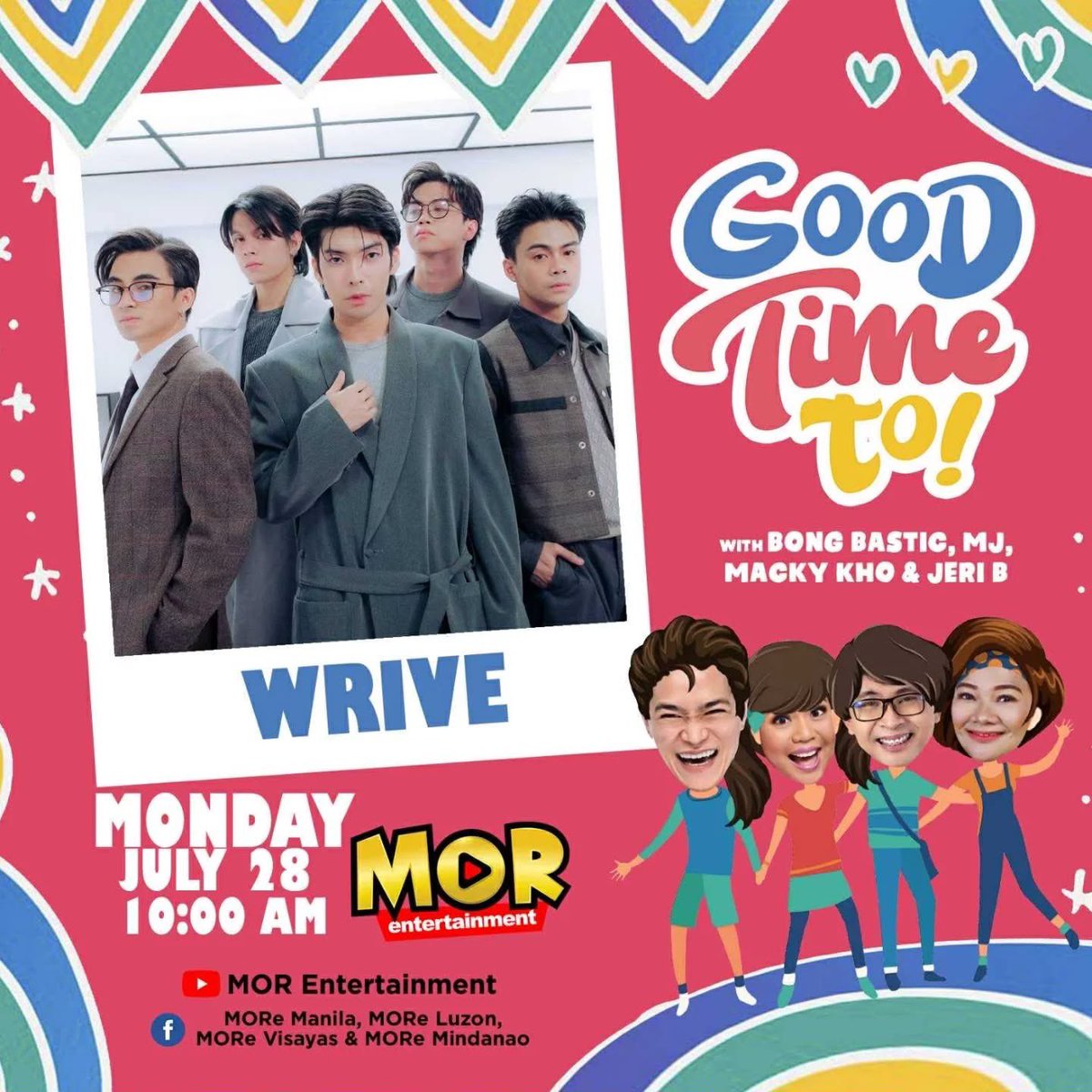 WRIVE will arrive sa #Good TimeTo ngayong #Monday #July282025! Abangan sila #LIVE #Online sa #GTT! Streaming sa ating #MOREntertainment Facebook Pages and YT channel!  #GTTXWRIVE #WRIVE
#WeHaveArrived #OohLaLa #Señorita #StarMusic