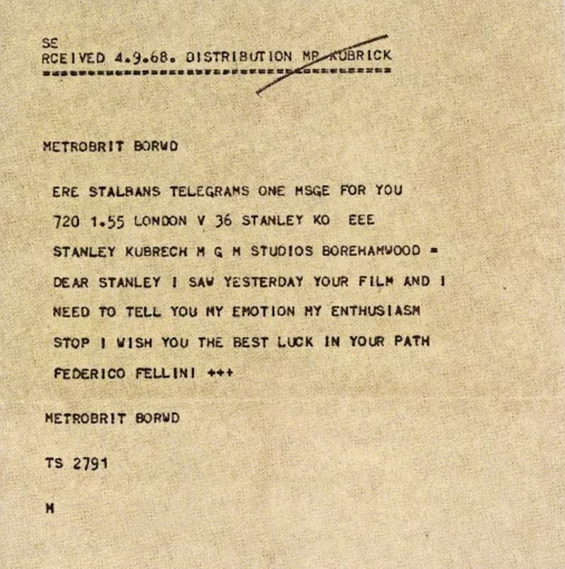 RadiantFilm's tweet image. Telegram sent from Federico Fellini to Stanley Kubrick after he saw 2001: A Space Odyssey:
"Dear Stanley I saw yesterday your film and I need to tell you my emotion my enthusiasm I wish you the best luck in your path"
