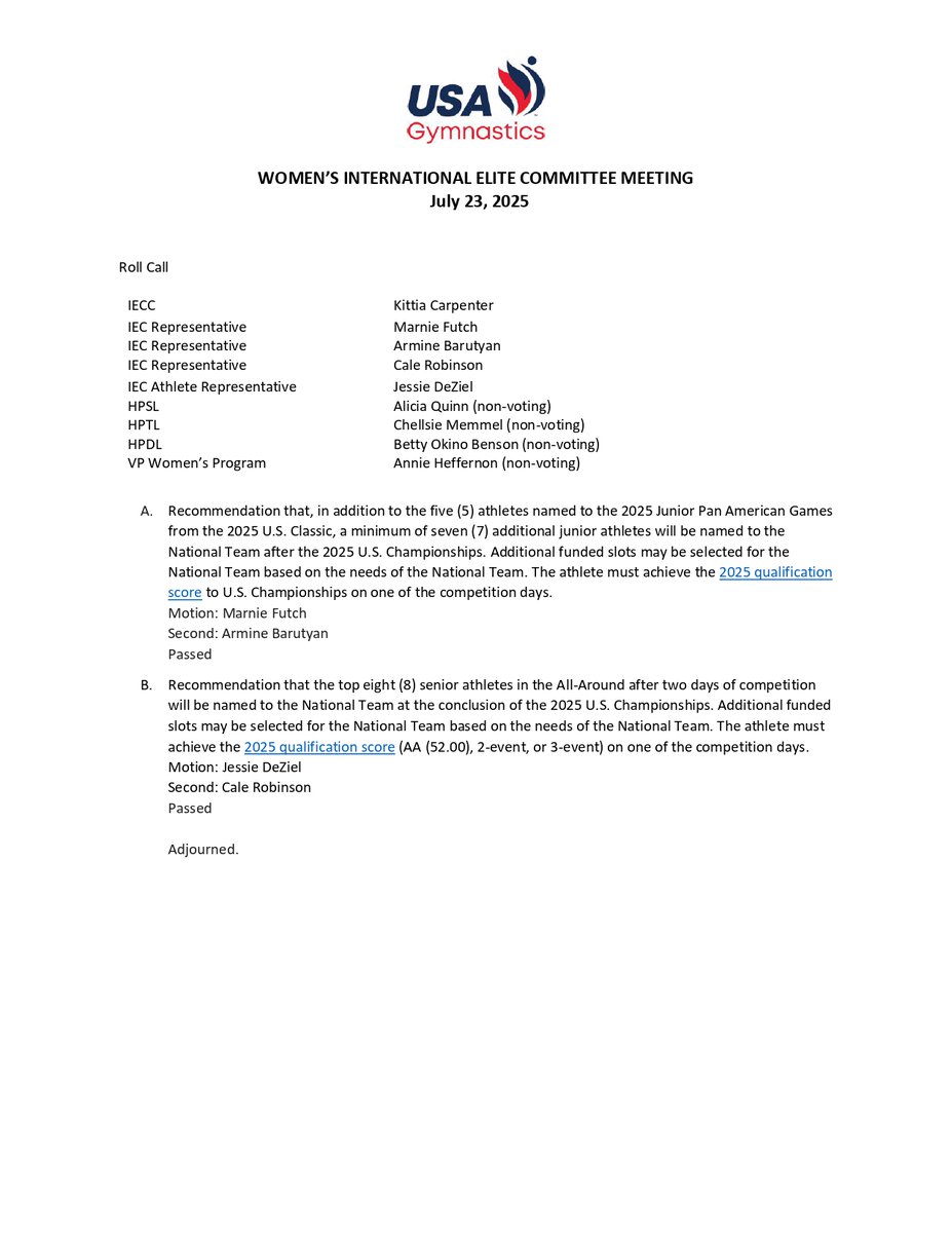 kmkeirns's tweet image. International Elite Committee Minutes for this week indicate they plan on funding 12 Junior National Team Members and only 8 Senior National Team Members after US Championships.
Others may be added but this is a change in the traditional balance towards juniors.