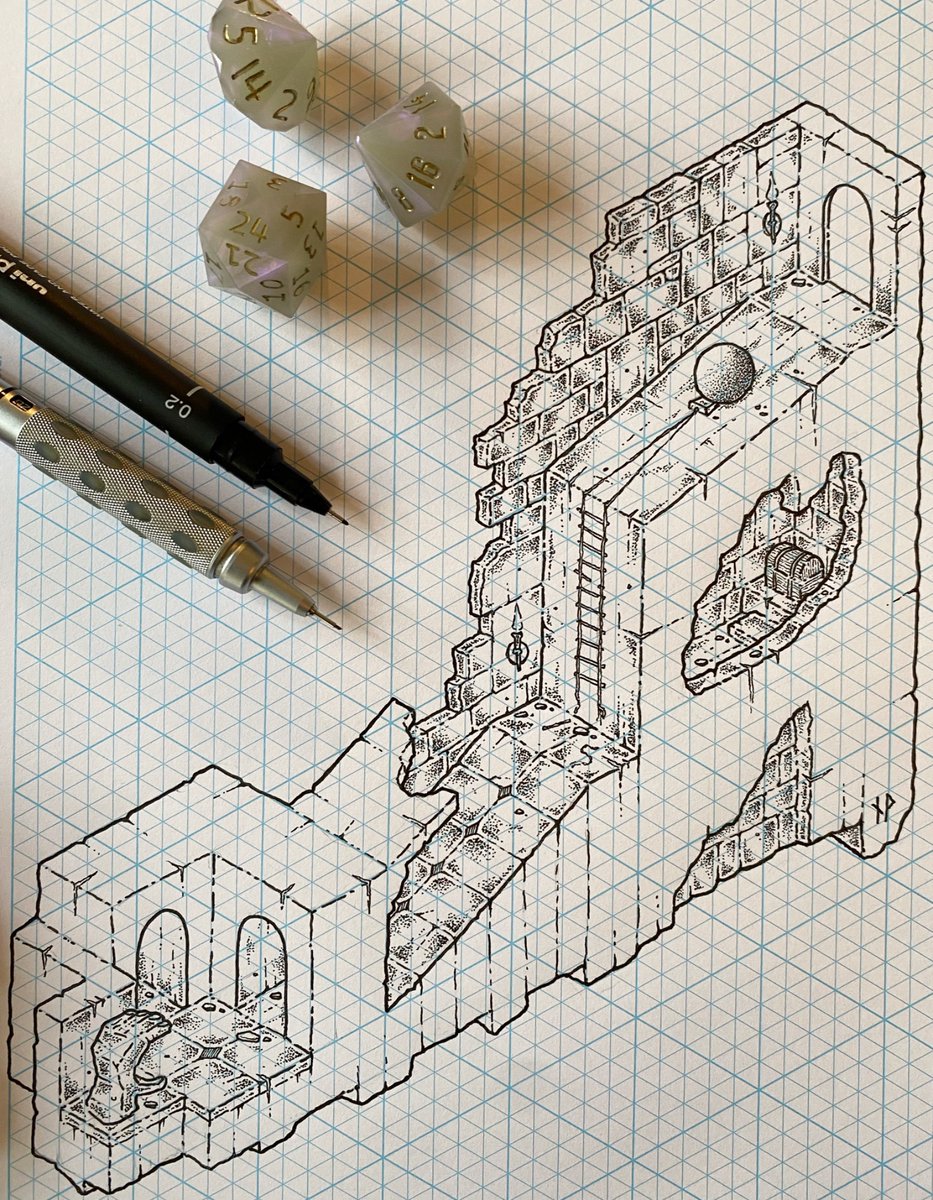 Work-in-progress cutaway drawing of a dungeon with a nasty trap and a hidden treasure chamber. ”Oh, a rope ladder! How convinient!”

#dnd #dungeonsanddragons #ttrpg #osr