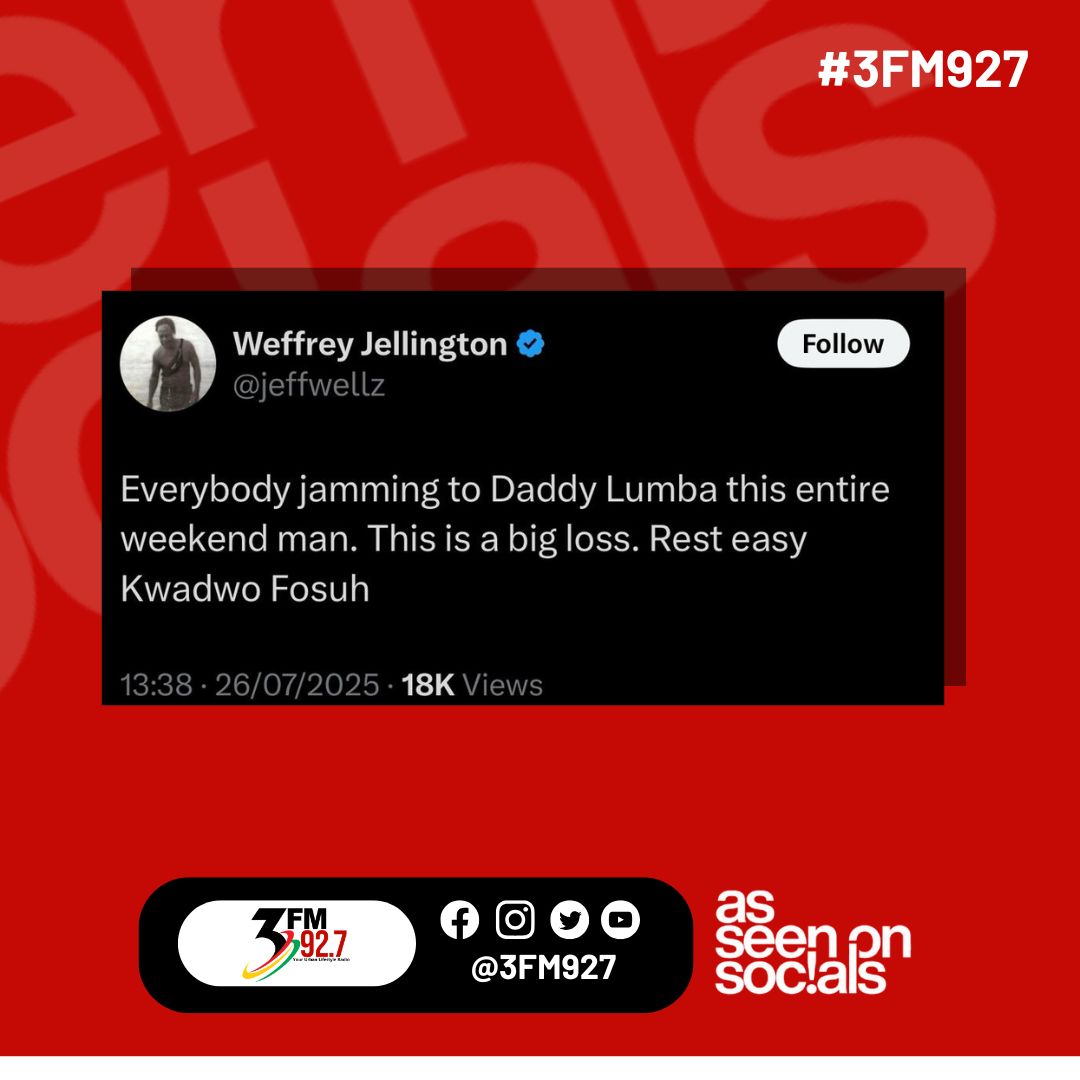 3fm927's tweet image. Ghana music mourns! 😭
Fans react to the loss of Highlife legend Daddy Lumba on social media 💔
RIP DL 🕊
Follow the 3FM 92.7 channel on WhatsApp:whatsapp.com/channel/0029Vb… for more updates
#3FM927 #asseenonsocialmedia
