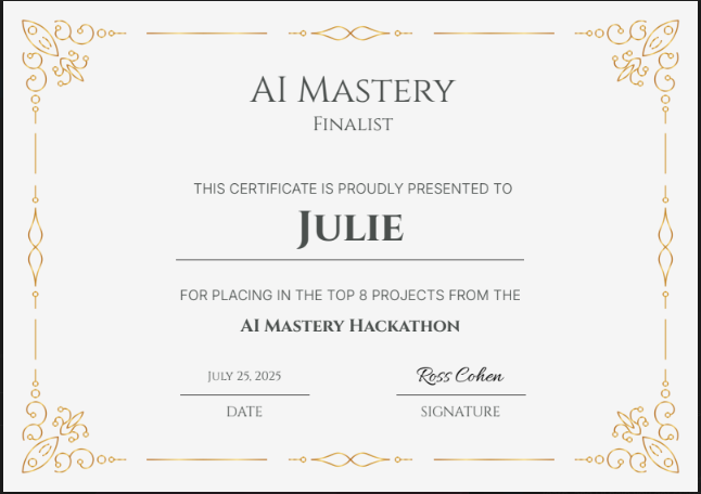 JULDDLLC's tweet image. 💥 Top 8 in the AI Mastery Hackathon!
Honored to receive an Honorable Mention for PastPortAI, a time-traveling history app built with heart and hustle.
Huge thanks to @tsi_org, @Sarahndipitous, sponsors, mentors, and judges for this opportunity 🙏
As a 54-year-old Oklahoma…