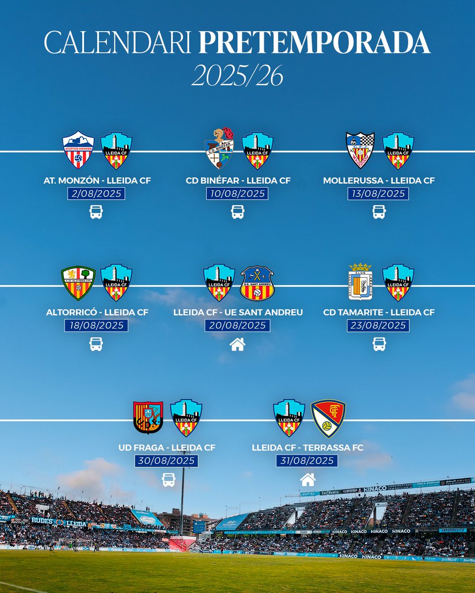 Lleida CF (@lleidacf) on Twitter photo ⚽ Ja coneixem el calendari de pretemporada.
✍ Apunteu dates:
🚌 2 d'agost. <a href="/AtcoMonzon/">Atlético Monzón Alumbra</a>
🚌 10 d'agost. <a href="/cdbinefar/">Club Deportivo Binéfar</a>
🚌 13 d'agost. <a href="/CFJ_Mollerussa/">CFJ Mollerussa</a>
🚌 18 d'agost. <a href="/cdaltorricon/">CD Altorricón</a>
🏡 20 d'agost. <a href="/uesantandreu/">Unió Esportiva Sant Andreu</a>
🚌 23 d'agost. <a href="/CDJTamarite/">CDJ Tamarite</a>
🚌 30 d'agost. <a href="/udfraga/">UD Fraga</a>
🏡 31 d'agost. ⚽ Ja coneixem el calendari de pretemporada.
✍ Apunteu dates:
🚌 2 d'agost. <a href="/AtcoMonzon/">Atlético Monzón Alumbra</a>
🚌 10 d'agost. <a href="/cdbinefar/">Club Deportivo Binéfar</a>
🚌 13 d'agost. <a href="/CFJ_Mollerussa/">CFJ Mollerussa</a>
🚌 18 d'agost. <a href="/cdaltorricon/">CD Altorricón</a>
🏡 20 d'agost. <a href="/uesantandreu/">Unió Esportiva Sant Andreu</a>
🚌 23 d'agost. <a href="/CDJTamarite/">CDJ Tamarite</a>
🚌 30 d'agost. <a href="/udfraga/">UD Fraga</a>
🏡 31 d'agost.