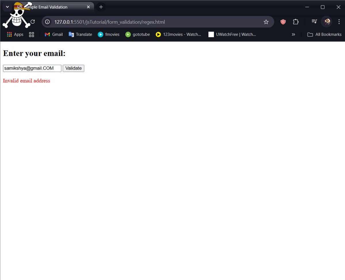 samikshya_01's tweet photo. #LSPPDay56
I learned how to validate email addresses using RegEx in JS. I used a simple pattern to check if an email contains proper structure like 'username@domain.com' and explored how each part of the pattern works.
#60DaysOfLearning2025 
#LearningWithLeapfrog
@lftechnology https://t.co/liYPJWT5R6