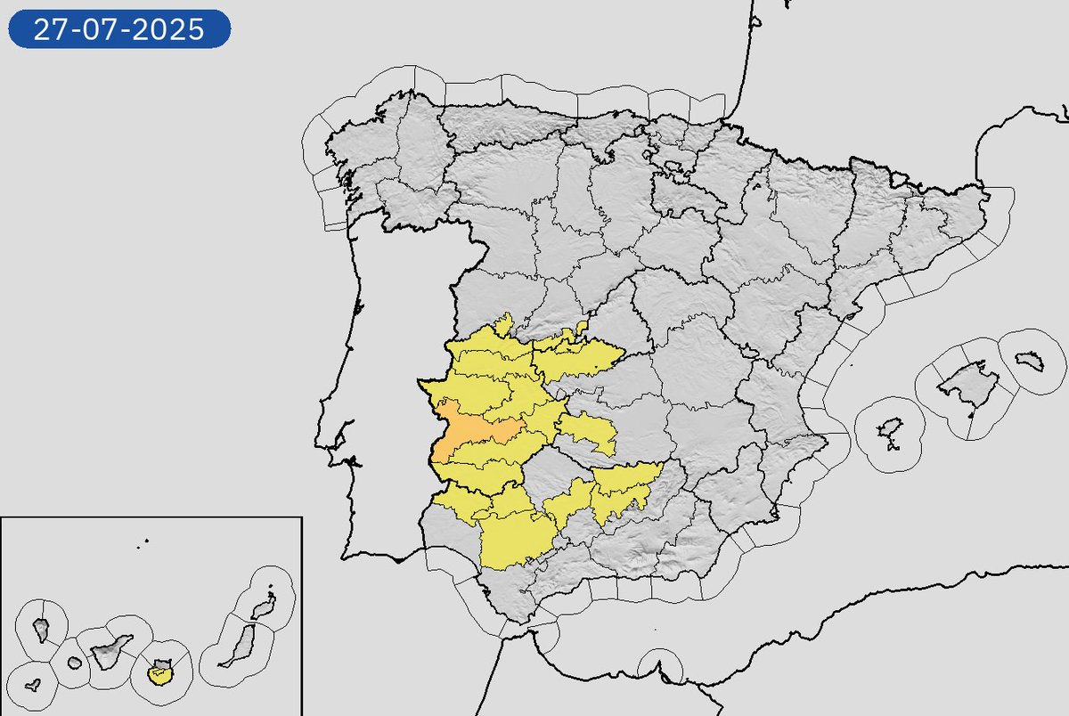 AEMET_Esp's tweet image. 26/07 18:12 Avisos activos mañana en España por temperaturas máximas. Nivel máximo de aviso: naranja.
Actualizaciones en aemet.es/es/eltiempo/pr…