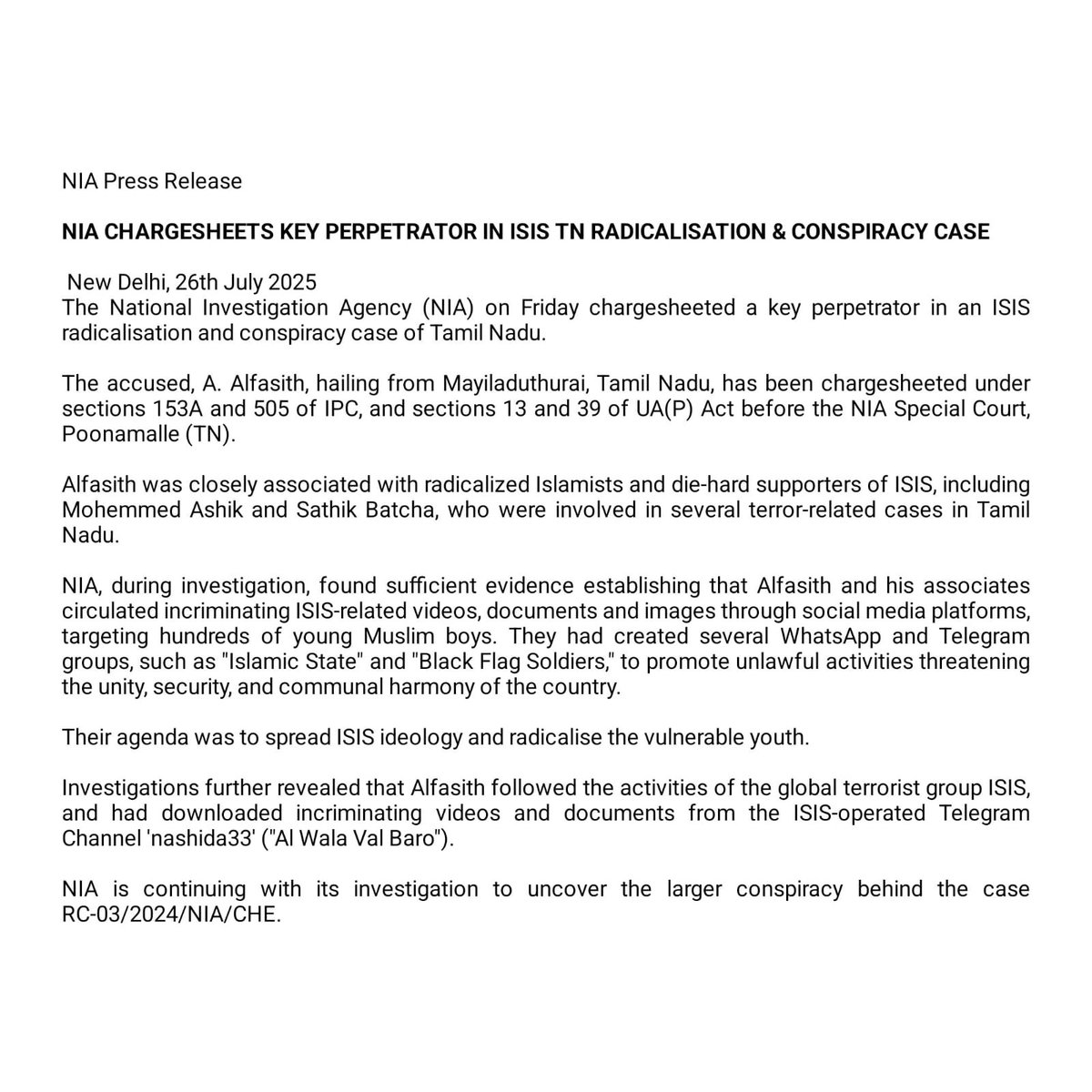 NIA Chargesheets Key Perpetrator in ISIS TN Radicalisation &amp; Conspiracy Case