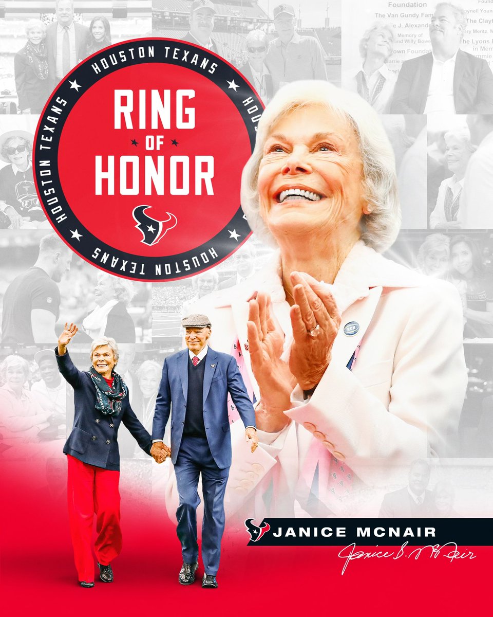 HoustonTexans's tweet image. A legacy of heart, service and H-Town pride🤘
Mrs. Janice McNair will be inducted into the Texans Ring of Honor this November vs. the Broncos at NRG Stadium.