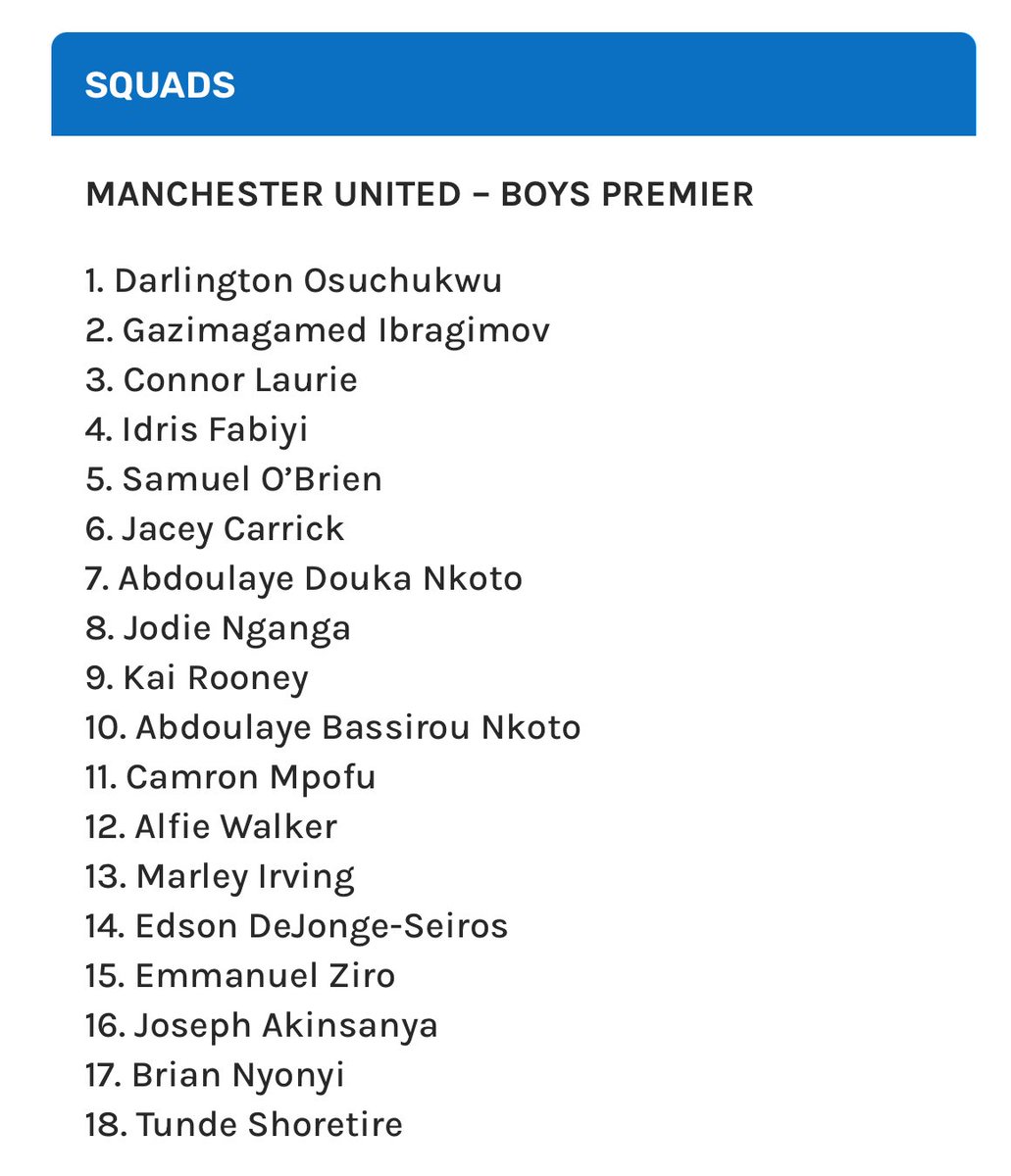 Manchester United u16s squad revealed for SuperCupNI coming up this week

A number of familiar names in the squad with the sons of Wayne Rooney (Kai) &amp; Michael Carrick (Jacey)

Also younger brothers of Shola Shoretire (Tunde) &amp; Amir Ibragimov (Gazik)

#MUFC #MUAcademy