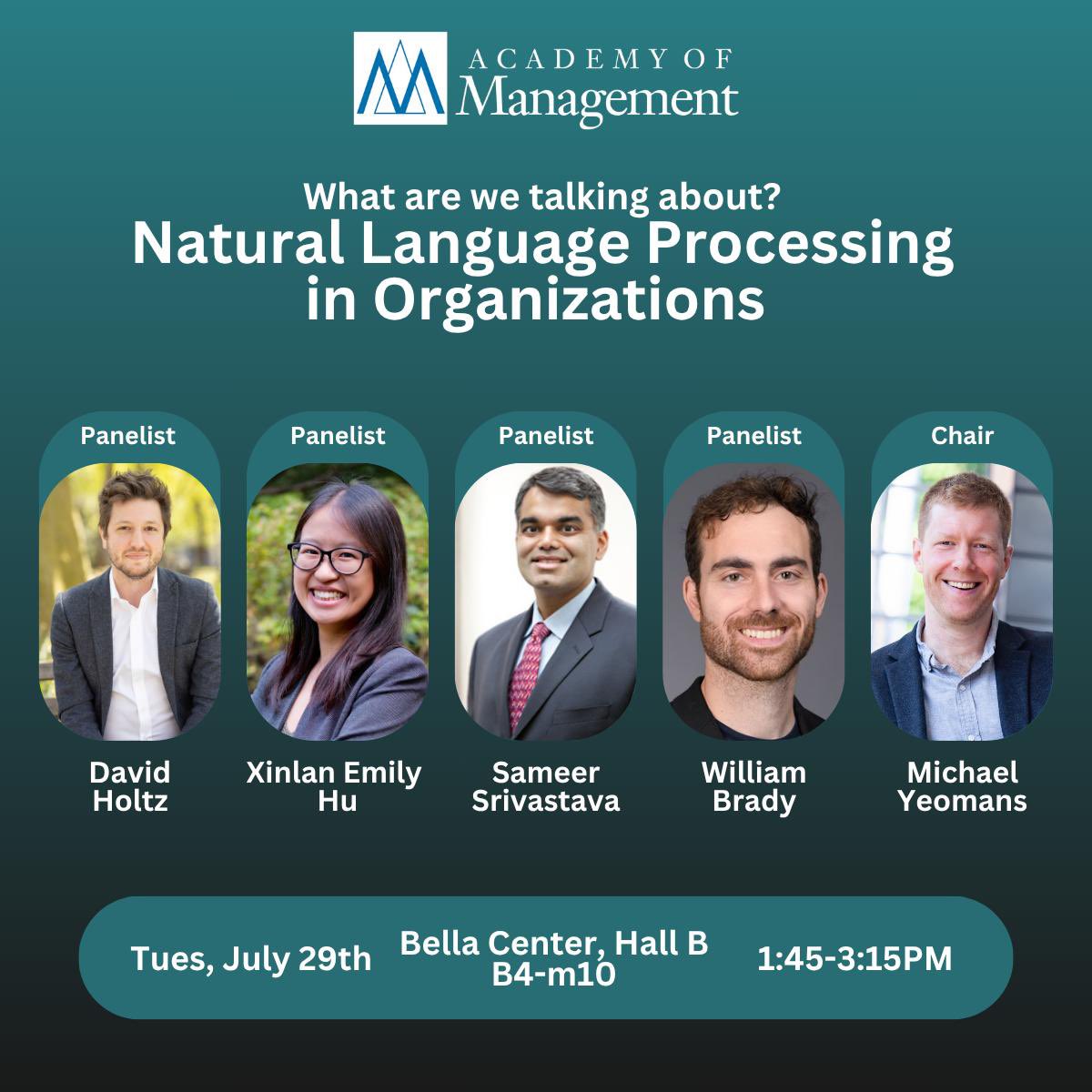 Emily Hu (@xemilyhu) on Twitter photo If you’re at <a href="/AOMConnect/">Academy of Management</a> #aom2025, come check out our panel on NLP in organizations, featuring <a href="/daveholtz/">David Holtz</a>, Sameer Srivastava, <a href="/william__brady/">William J. Brady</a>, <a href="/emyeom/">Mike Yeomans</a> & me! Our symposium presents four perspectives of exploring organizational behavior through language💬 7/29 @ B4-m10, 1:45pm! If you’re at <a href="/AOMConnect/">Academy of Management</a> #aom2025, come check out our panel on NLP in organizations, featuring <a href="/daveholtz/">David Holtz</a>, Sameer Srivastava, <a href="/william__brady/">William J. Brady</a>, <a href="/emyeom/">Mike Yeomans</a> & me! Our symposium presents four perspectives of exploring organizational behavior through language💬 7/29 @ B4-m10, 1:45pm!