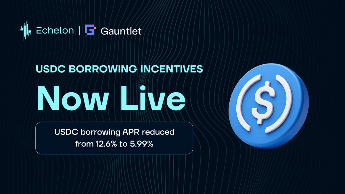 EchelonMarket's tweet image. USDC Borrowing Incentives Are Now Active
Incentives for borrowing USDC are now live on @Aptos network, with incentives managed by @gauntlet_xyz to optimize capital efficiency and risk.
USDC borrowing APR has dropped from 12.6% to 5.99%
Borrow smarter → app.echelon.market
