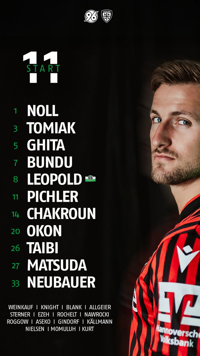 Hannover96's tweet image. So starten wir gegen @CagliariCalcio. 👀
Zum Livestream: ➡️ hannover96.de/livestream. 📺
#H96 #NiemalsAllein ⚫️⚪️💚
