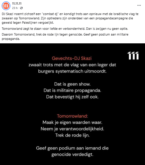 alxdm's tweet image. En 2025, une ASBL soutenue par la gauche belge peut lancer une campagne de haine et mettre sous pression un DJ israélien jusqu'à ce qu'il doive annuler sa mission professionnelle à Tomorrowland... car il soutient l'armée de son pays... ?!
Annulons vite les subsides de 111111 !