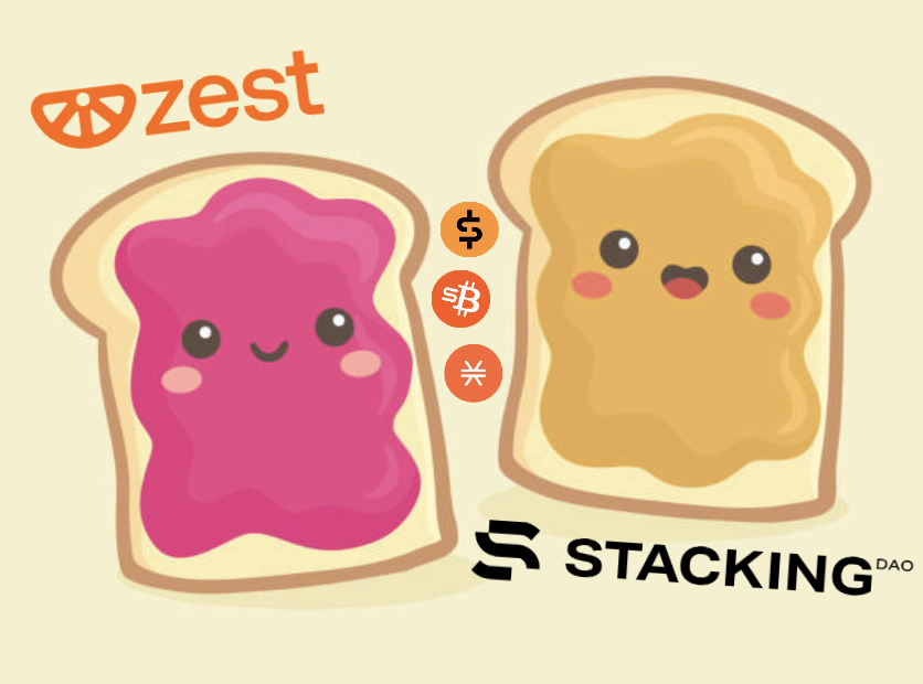 CyborgMyster's tweet image. IMO @StackingDao & @ZestProtocol are the peanut butter & jelly sandwich of BTCFi 🥪 Pefectly paired!
🥜 Stacking Dao: pristine $STX & $BTC collateral (stSTX, stSTXbtc)
🍊 Zest: unlocks borrow/lending/staking
Together, they're a match made in Stacks BTCFi