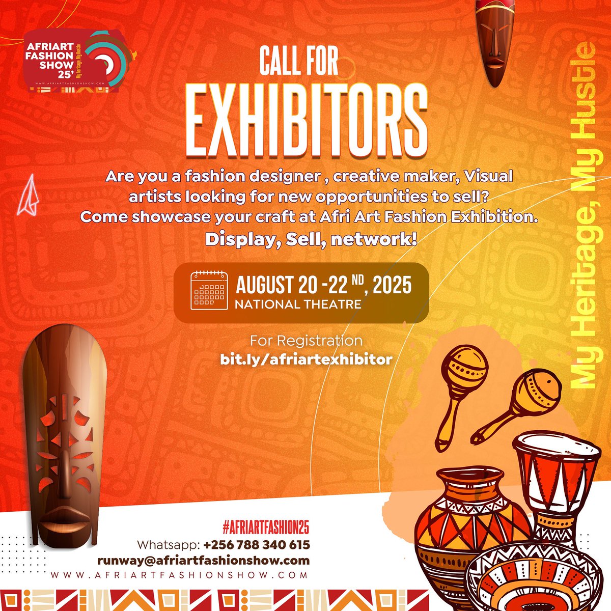 *Afri Art Fashion Exhibition*

Are you a creative maker, artisan, or fashion designer in Uganda? 

Do you deal in Beauty products or are you just an Entrepreneur who has products you wish to exhibit. 

The 4th edition of the Afri Art and Fashion Exhibition is here for you. 

We