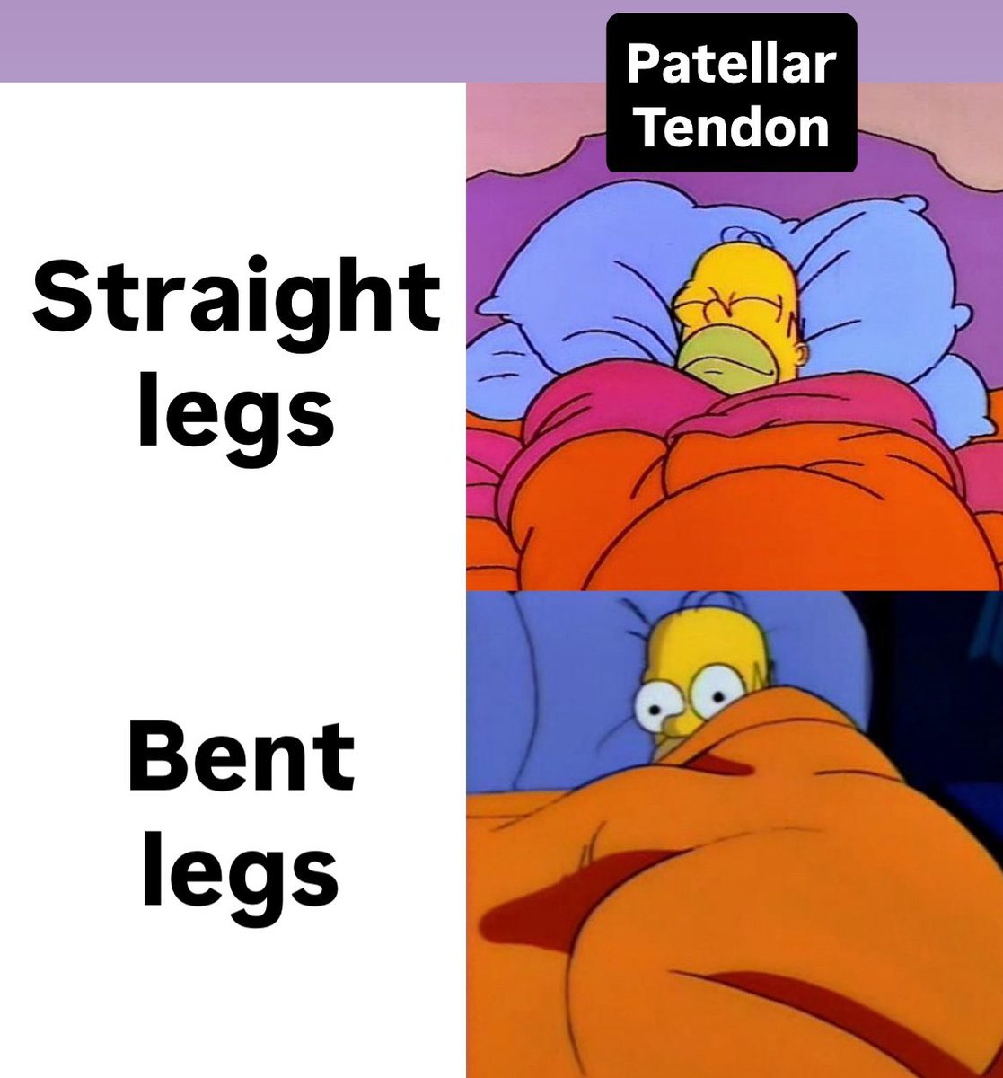 Straight legs crimp the tendon and allow it to recover.

Bent legs taughten the tendon and can be problematic if held for a long time (e.g., car, bus, plane ride) in those with jumper’s knee.