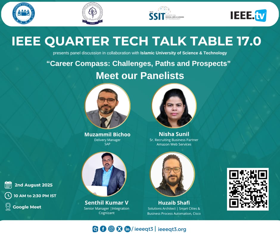 📢 [𝗔𝗡𝗡𝗢𝗨𝗡𝗖𝗜𝗡𝗚 𝗢𝗨𝗥 𝗘𝗫𝗣𝗘𝗥𝗧 𝗣𝗔𝗡𝗘𝗟𝗜𝗦𝗧𝗦] 𝗳𝗼𝗿 𝗜𝗘𝗘𝗘 𝗤𝘂𝗮𝗿𝘁𝗲𝗿 𝗧𝗲𝗰𝗵 𝗧𝗮𝗹𝗸 𝗧𝗮𝗯𝗹𝗲 𝟭𝟳.𝟬!

📝 Registration Link: forms.gle/ar37VApez2RDH3…

#IEEEEvents #TechTalk #CareerCompass #CareerGuidance #IEEEQT3 #IUST #SAP #AWS #Cisco