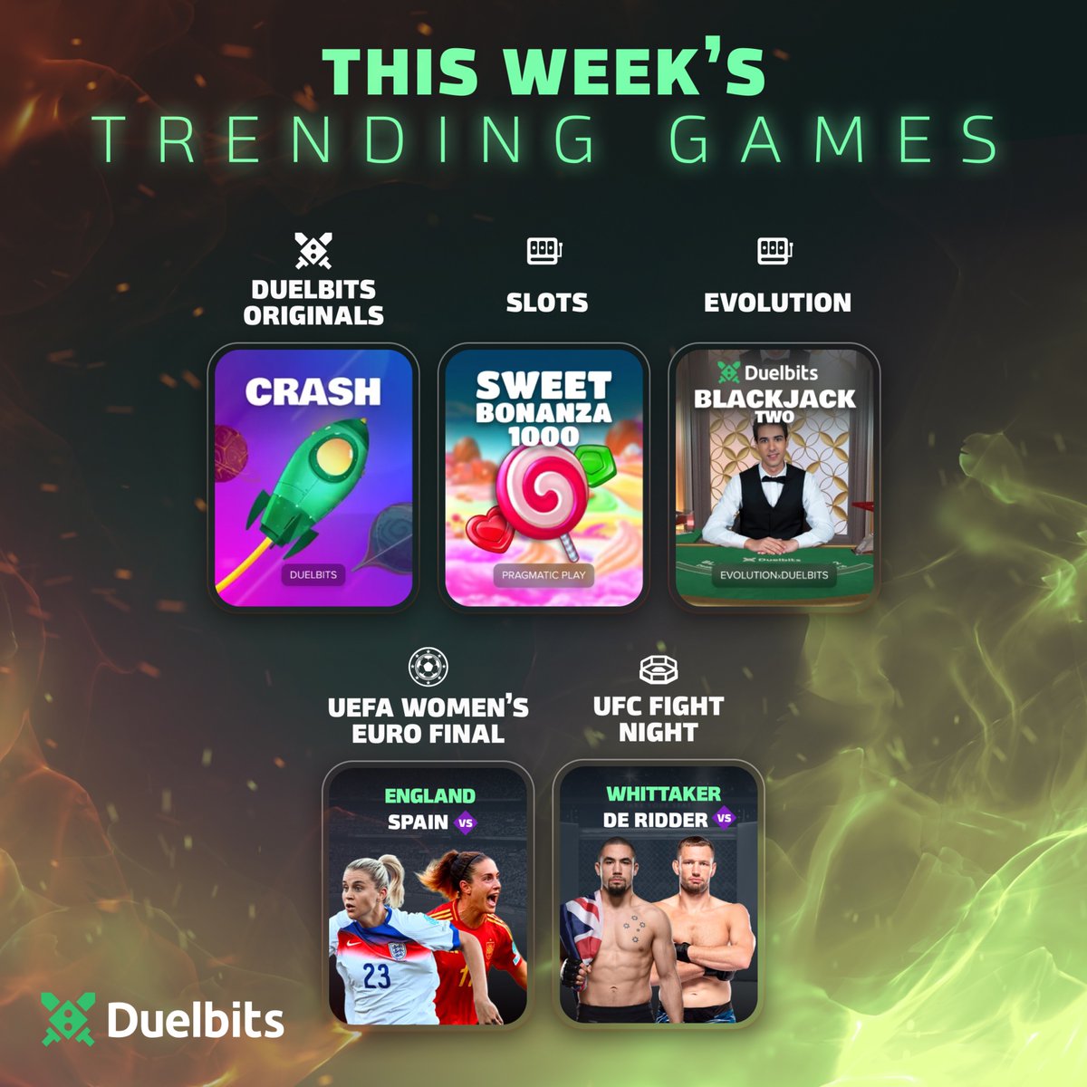 Duelbits's tweet image. Slots, blackjack, football & a huge UFC fight night… 👊
This week we’re all in on:
🎯 Crash
🍬 Sweet Bonanza 1000
🃏 Duelbits Blackjack 2
⚽ England vs Spain
🥊 Whittaker vs de Ridder
What’s on your list? 👀