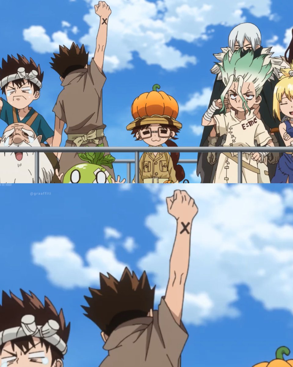 Graaffiti's tweet image. Dr. Stone Anime referenced One Piece on the new episode with Taiju hitting the Alabasta farewell pose while they were saying goodbye to a vehicle they considered family.
Things we love to see ❤️
