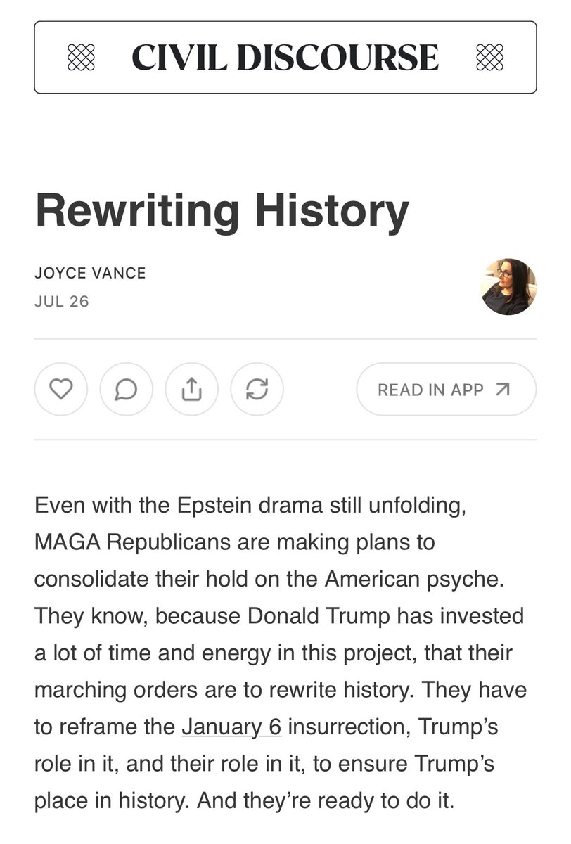 1/Even with the Epstein drama still unfolding, MAGA Republicans are making plans to consolidate their hold on the American psyche. They have to reframe the January 6 insurrection, Trump’s role in it, and their role in it, to ensure Trump’s place in history. And they’re ready to