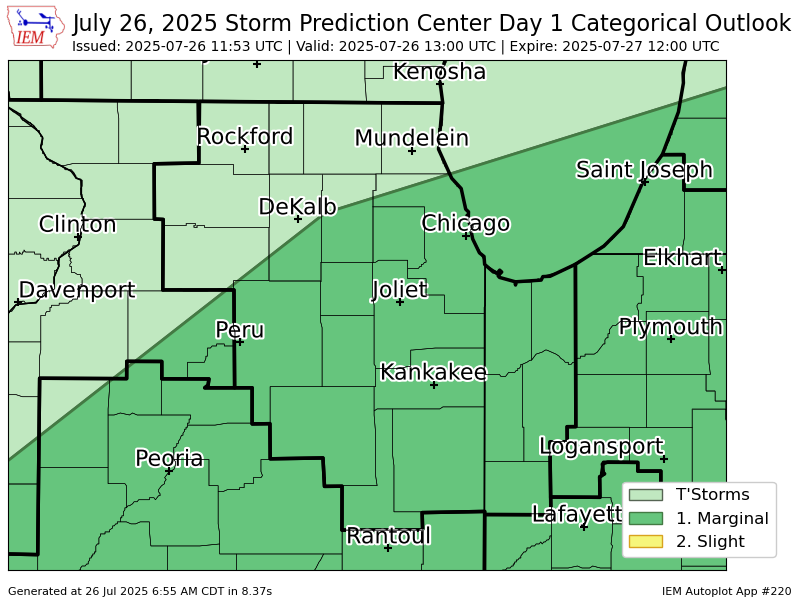 nilwxreports's tweet image. #SPC issues Day 1 Marginal Convective Risk at Jul 26, 11:53z for LOT spc.noaa.gov/products/outlo…