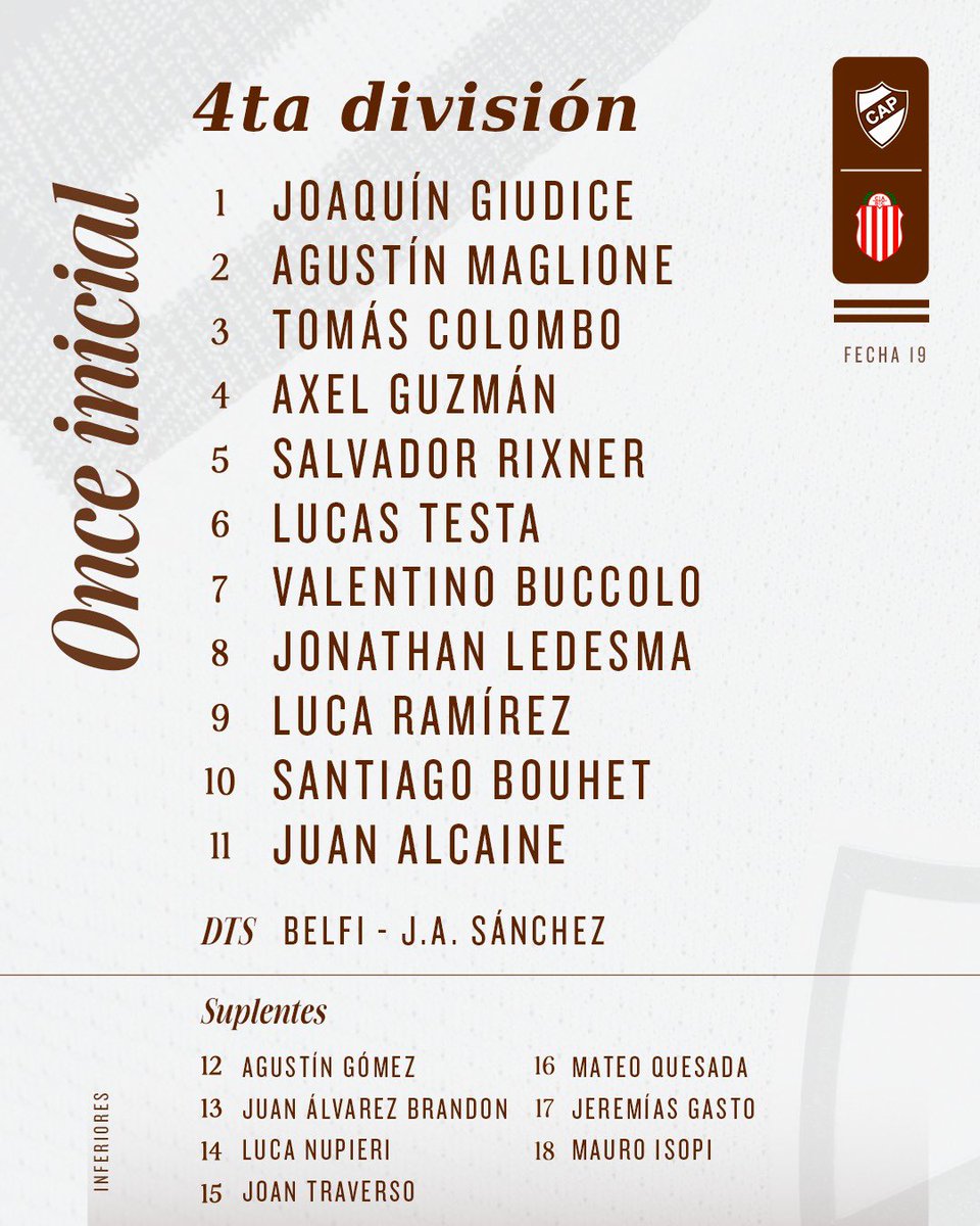 inferiorescap's tweet image. #JuvenilesLPF ⚽️ ¡A punto de arrancar la 19ª fecha del torneo!
📌 Hoy 🆚 @barracascentral
📋 Formaciones del Calamar🦑 en #Cuarta y #Séptima
📲 Seguí la transmisión en vivo de la jornada como local: youtube.com/live/tT8MAIuWw…
#SiemprePlatense🤎