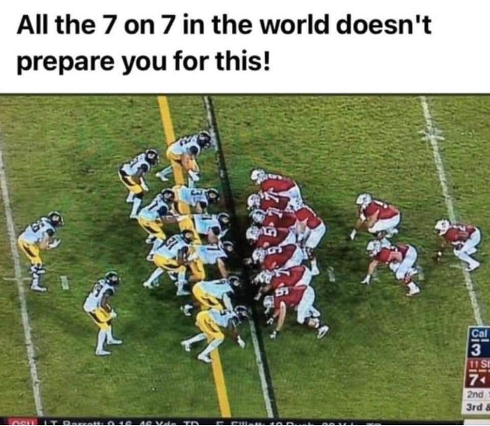 😂 “All the 7-on-7 in the world doesn’t prepare you for this!”

Let’s be real—7-on-7 is great. It’s clean, crisp, spaced out, and built for highlight reels. But life isn’t always played in space.

Sometimes, life puts you at the 1-yard line with no room to run, no easy reads, and
