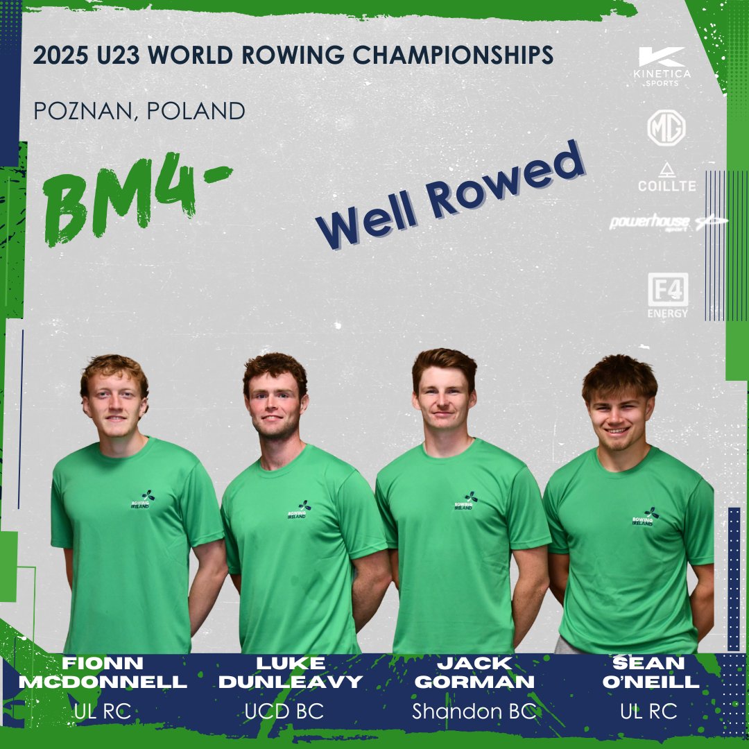 RowingIreland's tweet image. U23 M4– Final B
Fionn McDonnell, Luke Dunleavy, Jack Gorman & Sean O’Neill finished 3rd in today’s B Final at the World Rowing U23 Championships.
Neck and neck at the 1K mark — a strong row in cross-tail conditions.
#WorldRowingU23Champs #wru23chpoznan