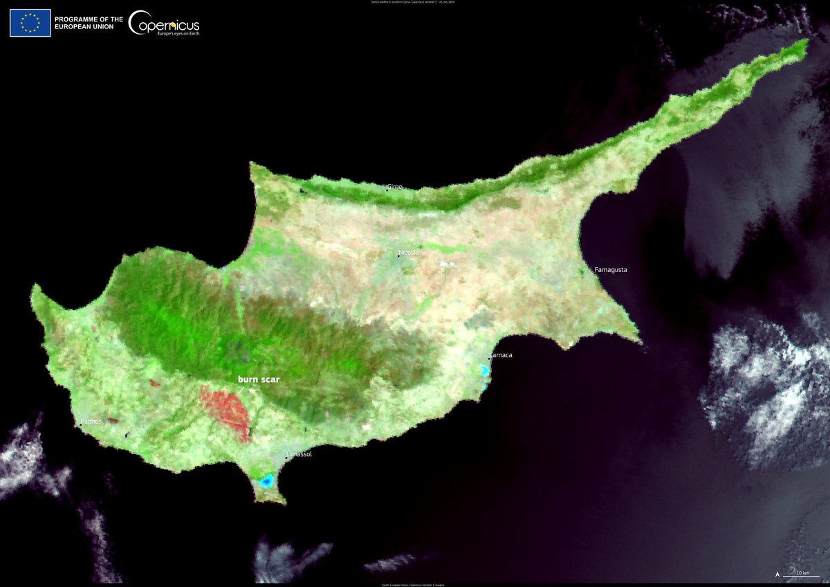 Copernicus EU (@copernicuseu) on Twitter photo 🔥 A wildfire erupted in southern Cyprus on 23 July, destroying homes and leading to evacuations.
The fire has resulted in at least two casualties.
🛰 This #CopernicusEU #Sentinel3 #ImageOfTheDay shows in red colour the burn scar in the southern area of the island. 🔥 A wildfire erupted in southern Cyprus on 23 July, destroying homes and leading to evacuations.
The fire has resulted in at least two casualties.
🛰 This #CopernicusEU #Sentinel3 #ImageOfTheDay shows in red colour the burn scar in the southern area of the island.