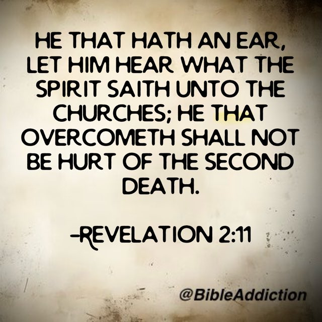 “He that hath an ear, let him hear what the Spirit saith unto the churches; He that overcometh shall not be hurt of the second death.”
-Revelation 2:11 KJV