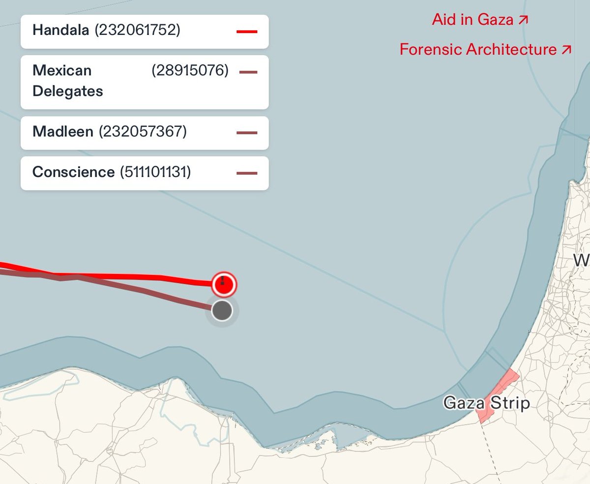 Clemence_Guette's tweet image. Le Handala a atteint le point où le Madleen avait été arrêté illégalement par Israël.
Nos yeux sont sur Gaza, et sur le Handala. Courage à mes camarades @GabrielleCthl @emma_frr.
