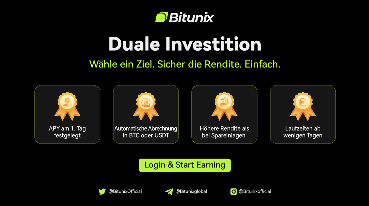 💰 Duale Investition in Bitunix

Wähle ein Ziel. Sicher die Rendite. Einfach ✅

✔️ APY fest ab dem 1. Tag
✔️ Automatische Abwicklung in BTC oder USDT
✔️ Höhere Rendite als Sparen
✔️ Laufzeiten ab wenigen Tagen.

👉 Melde dich an und beginne zu gewinnen: short.bitunixads.com/yLpHNi
